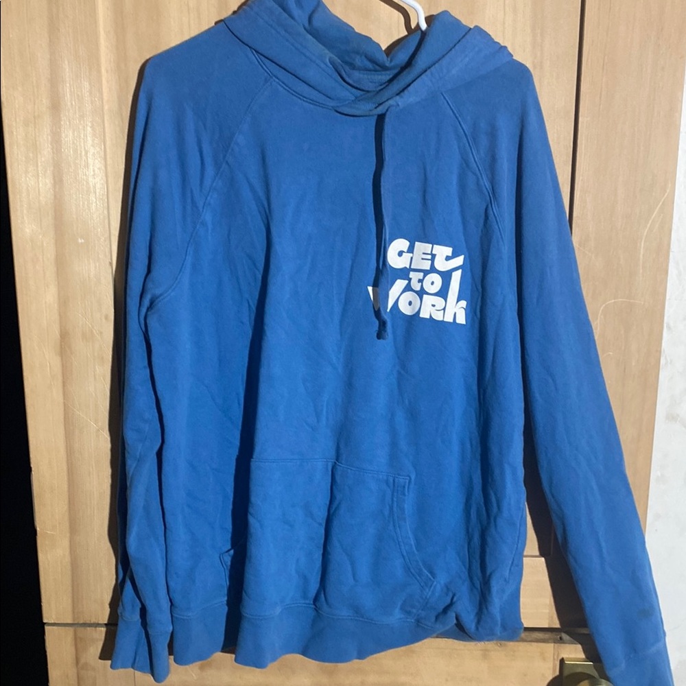 Blue Hoodie with 'Get to Work' Print